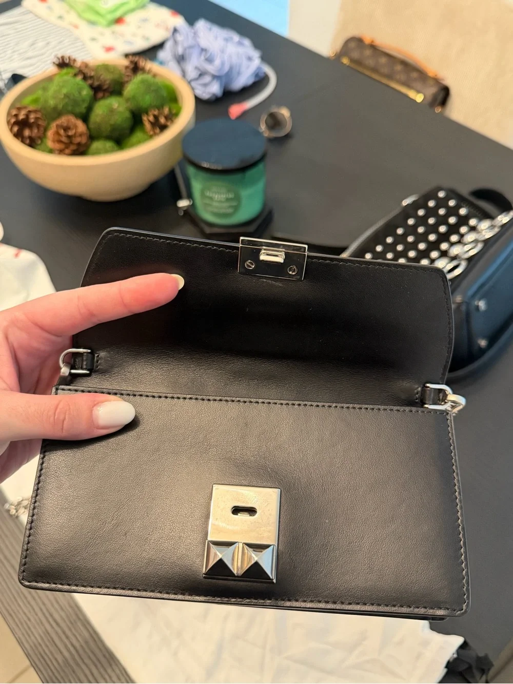 Prada Elektra Black Leather Wallet with Red Stud-Trim and chain, 100% authentic